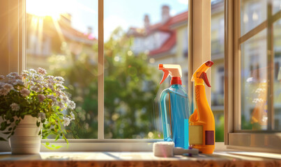 A clean window, after cleaning, on a sunny day. Bottles with a spray bottle of window cleaner stand on the windowsill. Cleaning concept