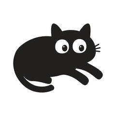 Laying cat. Black kitten with big eyes face head. Cute cartoon kawaii funny baby pet character. Flat design. Greeting card Tshirt Sticker print Banner template. White background. Vector