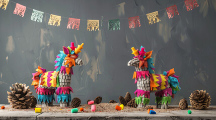 Mexican pinatas and pine cones on grey background