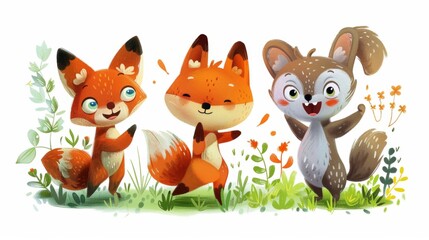 Illustrations of cute animals or characters in playful poses for children books or products.