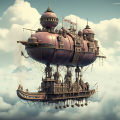 Victorian-era airship docked on a cloud.