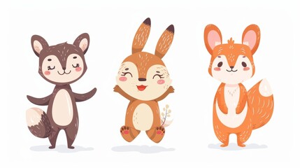 Illustrations of cute animals or characters in playful poses for children books or products.