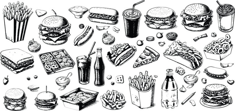 Sketch fast food meals isolated vector icons ice cream in waffle cone, soda drink with ice cubes and burger with french fries. Takeaway donut, pizza and hot dog with taco engraving retro signs set