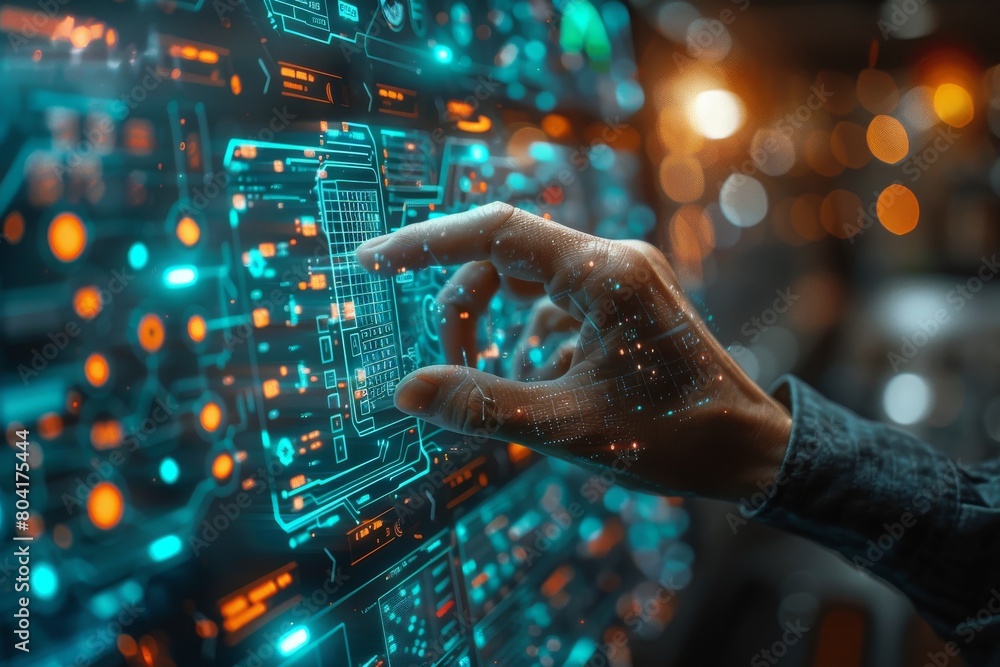 Poster sophisticated futuristic digital interface being interacted with by a human hand with glowing cyber 