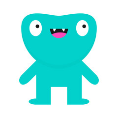 Monster standing. Happy Halloween. Blue silhouette icon. Eyes, fangs tooth, hands. Cute cartoon kawaii funny happy smiling baby character. Childish style. Flat design. White background Isolated Vector