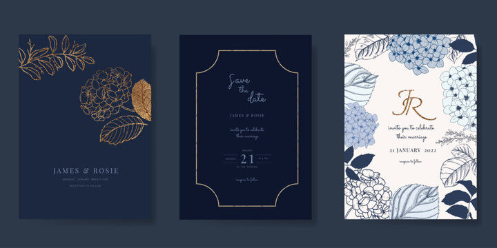 Navy Blue Luxury Wedding Invitation, floral invite thank you, rsvp modern card Design in gold flower with  leaf greenery  branches decorative Vector elegant rustic template