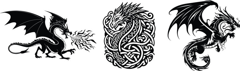 Set of dragon, tribal tattoo design, vector illustration.