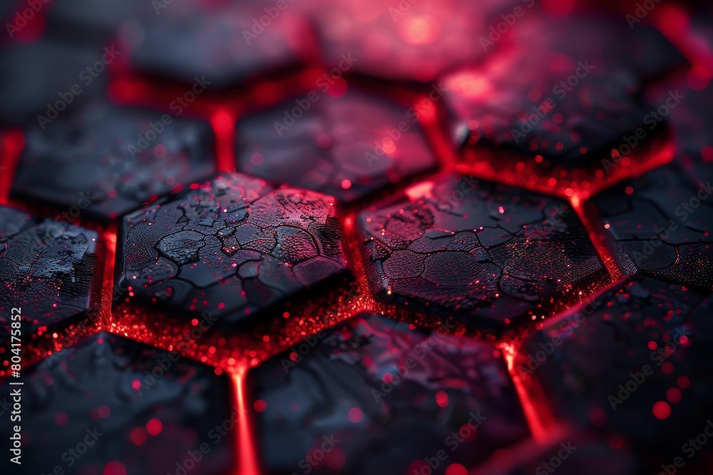 Poster close-up view of textured hexagonal patterns illuminated by a striking red light creating a futurist