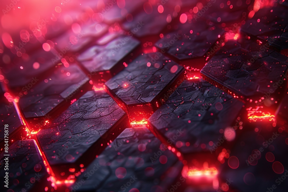 Poster a mesmerizing array of red-illuminated hexagonal shapes with a tilt-shift focus that enhances their 