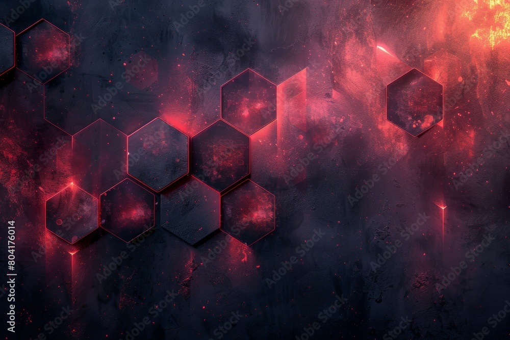 Poster abstract composition of hexagonal shapes and eerie red glows against a dark background suggesting a 
