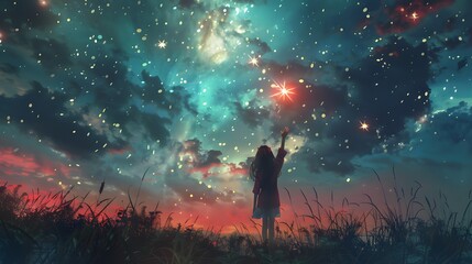 A whimsical digital painting depicting a young girl in a red dress reaching towards a glowing star amidst a magical, star-filled night sky.