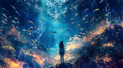 A mesmerizing digital artwork of a young girl standing at the edge of an enchanted underwater forest filled with vibrant fish and shimmering light.