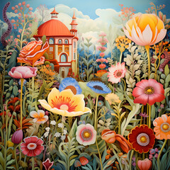 Whimsical garden with oversized flowers.