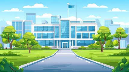 Illustration of modern school building in big city. Clean, green lawn, tall trees and flagpole surround educational institution. Blue sky and cityscape background.