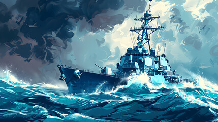 Illustration of a naval ship sailing through rough seas.


