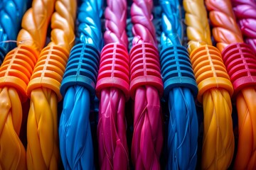 Rolled yoga mats in multiple colors are neatly arranged, signifying order, health, and well-being