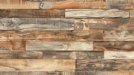 Rustic wood planks in shades of brown and beige create a natural texture