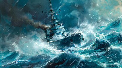 Illustration of a naval ship sailing through rough seas.


