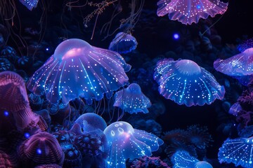 The vibrancy of bioluminescent organisms in the deep sea, super realistic