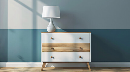 Modern chest of drawers with lamp near color wall
