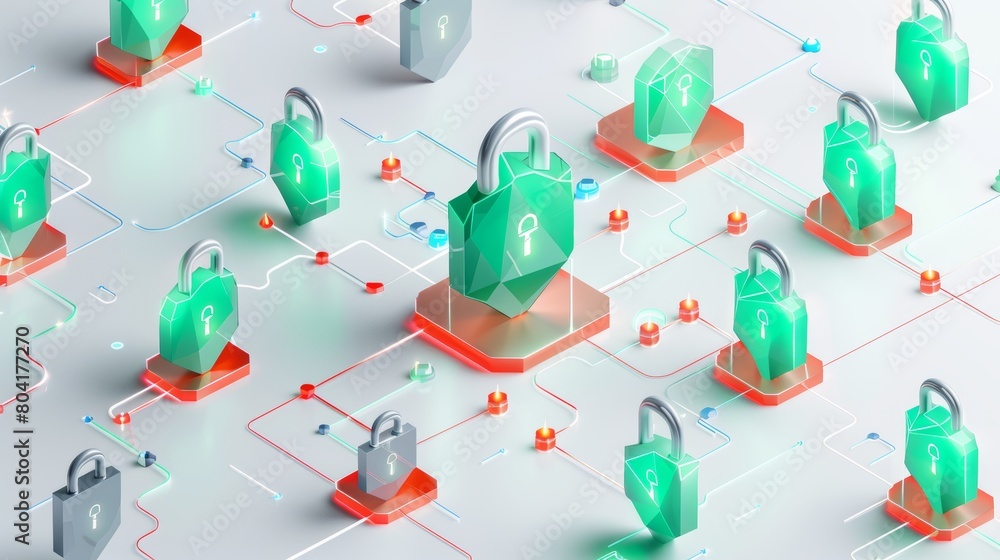 Poster digital data protection concept. green and red shields with locked and open padlocks, 3d render illu