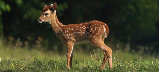 A baby deer standing on grassy meadow.