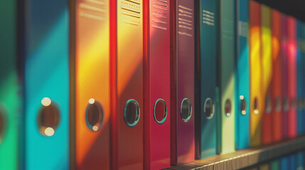 A large number of colored binders for documents standing in row on shelf