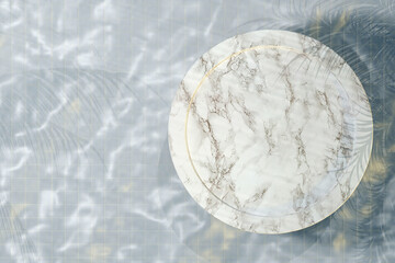 Podium stand scene marble platform with water ripples and shadow tropical product display top view