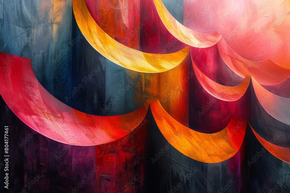 Poster striking abstract image with curving shapes representing ribbons in vivid reds and oranges against a