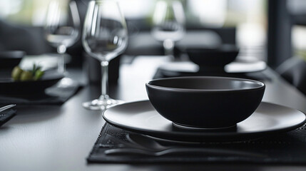 Modern dinnerware on black table closeup