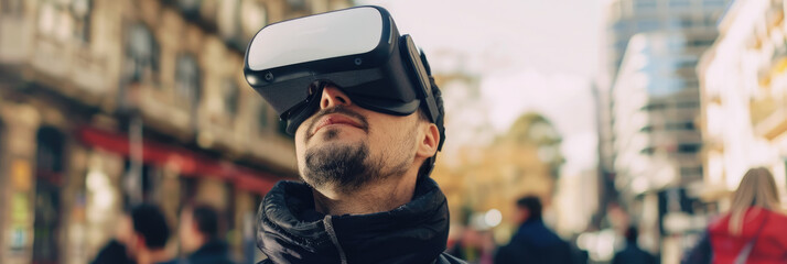 man in virtual reality glasses on a city street, spatial computer, mask, high technology, VR, device, person, people, portrait, online, game, Internet, future, electronic, 3D, three-dimensionally