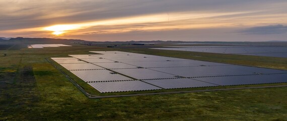 Giant solar farm at sunsrise  in Santa Margarita, California, United States of America.
