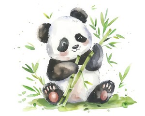 Imagine a cute, kawaii watercolor painting of a panda munching on bamboo, Clipart minimal watercolor isolated on white background