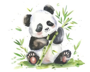 Obraz premium Imagine a cute, kawaii watercolor painting of a panda munching on bamboo, Clipart minimal watercolor isolated on white background