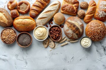 An overhead shot of different types of bread paired with ingredients, depicting the baking process