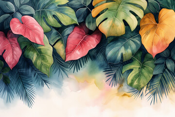 Illustration of green, red, yellow leaves on colourful background with copy space for text as summer banner. Selective focus.   