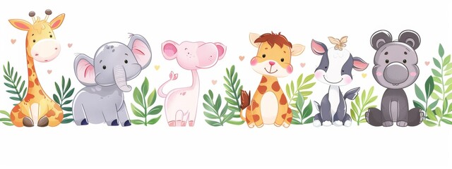 Illustrations of cute animals or characters in playful poses for children books or products.