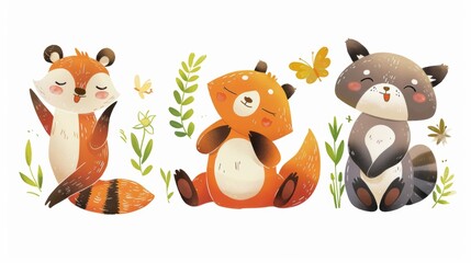 Naklejka premium Illustrations of cute animals or characters in playful poses for children books or products.