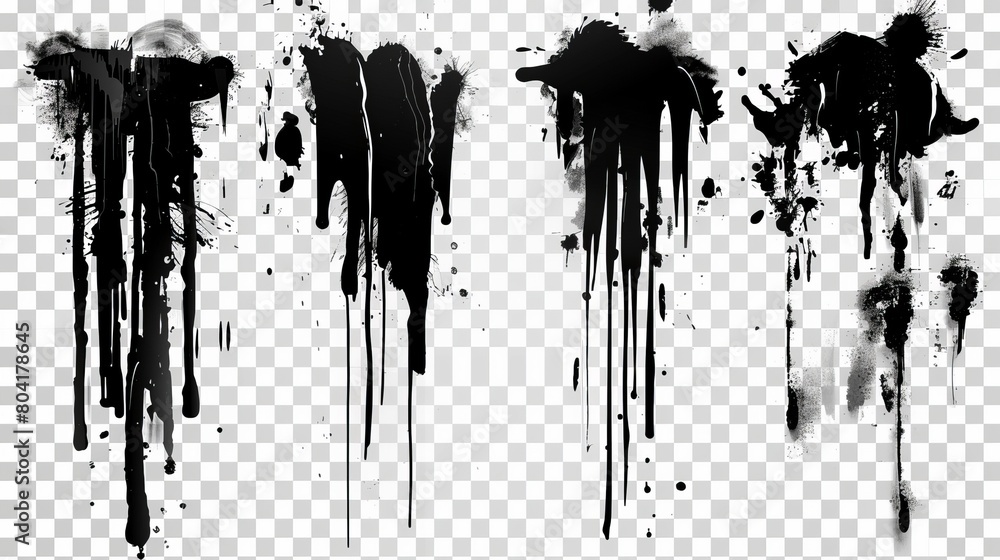 Wall mural set of black paint stains png isolated on transparent background. modern illustration of sprayed ink