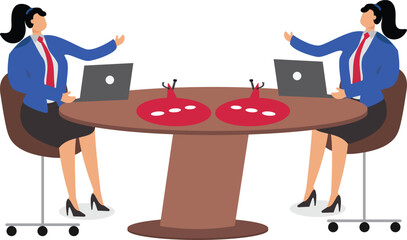 Pitfalls in Conversation, Loopholes in Negotiation and Speech, Liar or Fraudster, Two Businesswomen Negotiating While Sitting at a Fishhooked Speech Foam Table