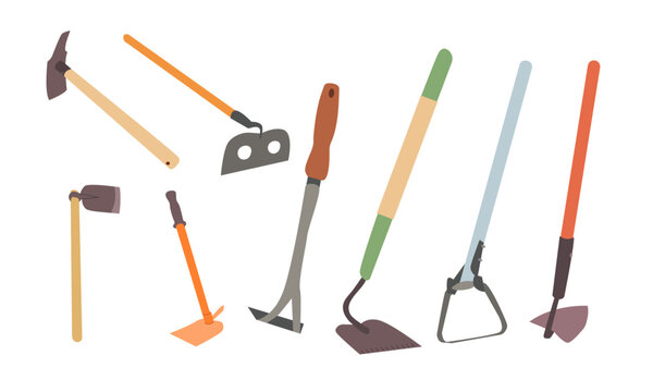 Garden tools and farming instruments flat vector icons set. Cartoon infographic elements of agriculture work equipment and plants cultivation hobby activity objects set of hoe . Isolated on white
