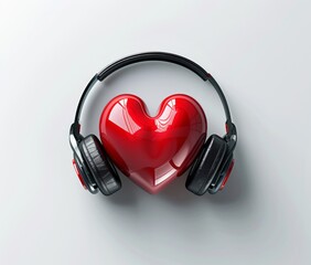 3D vector heart with headphones icon in the style of white background