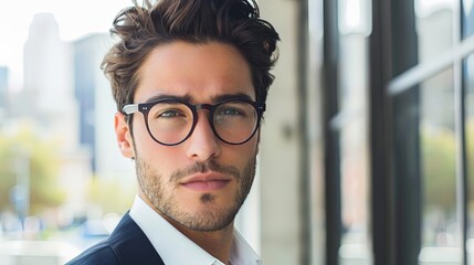 Fototapeta premium Sharp and Stylish: Handsome young entrepreneur donning sleek glasses, symbolizing intelligence and business acumen.