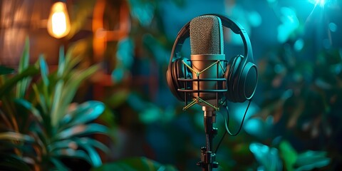 Moody Podcast Recording Studio with Lush Greenery and Atmospheric Lighting