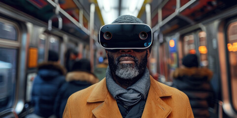 man in virtual reality glasses in a subway car, spatial computer, mask, high technology, VR, device, person, people, portrait, online, game, Internet, future, electronic, 3D, three-dimensionally, tube