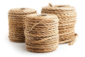 Obraz premium Assortment of organic rope in different sizes on a white backdrop.