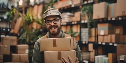 Smiling Warehouse Worker Proudly Curating Inventory for Subscription Box Startup