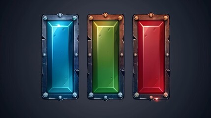 Cartoon modern illustration of vintage metal frames with loading process, remaining time, and resources scale in blue, red, and green colors. UI design elements.
