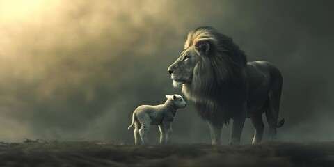 Peaceful Coexistence A Lion and Lamb Amid the Mystical Mist