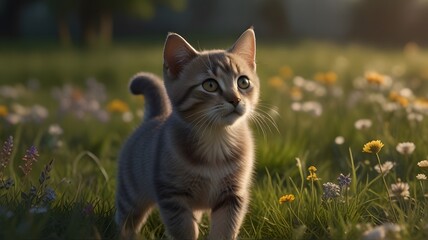 A cute cat standing in a field of flowers